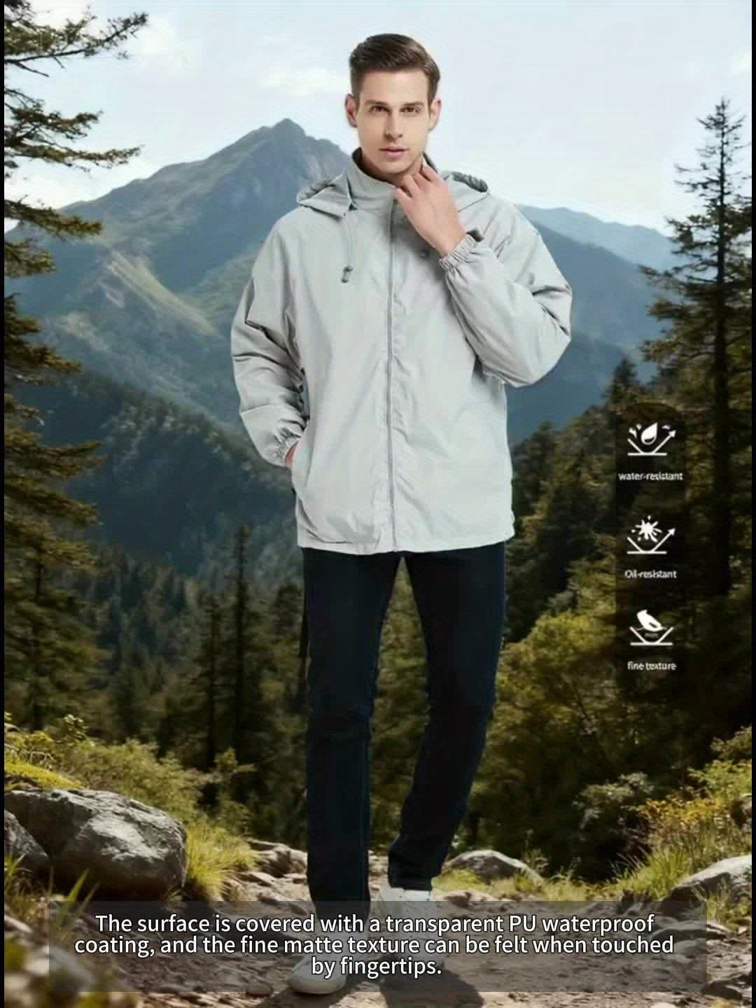 Men's Lightweight Windproof Full-Zip Jacket with Adjustable Hooded Raincoat, Durable Non-Stretch Windbreaker Coat