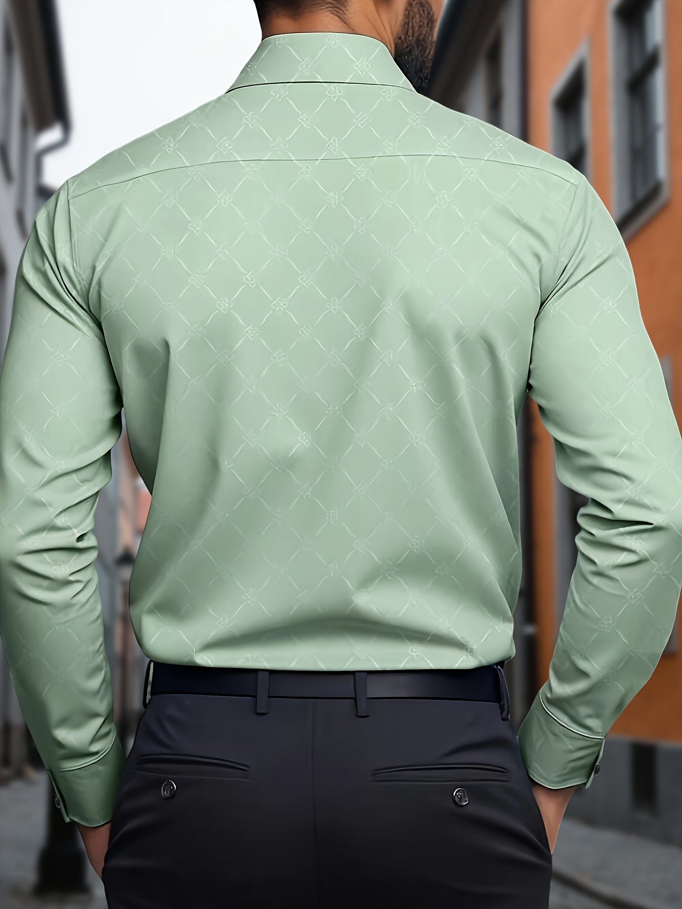 Long Sleeve Solid Color Business Formal Dress Shirt, Green Menswear Designer Luxury
