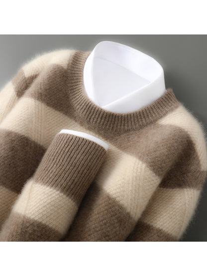 New Autumn And Winter Color-Blocked Thick Round-Neck Pullover Sweater for Men, Featuring a Relaxed Fit And Knitted Design