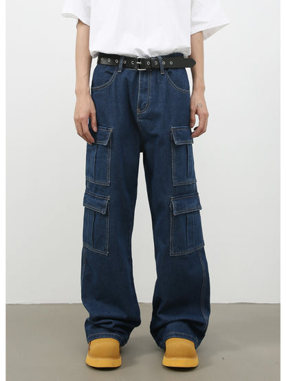 Men's Vintage Washed Denim Jeans - American Retro Multi-Pocket Straight-Leg Work Pants with Beltless Drawstring Waist, Heavy-Duty Cargo Pocket & Washed