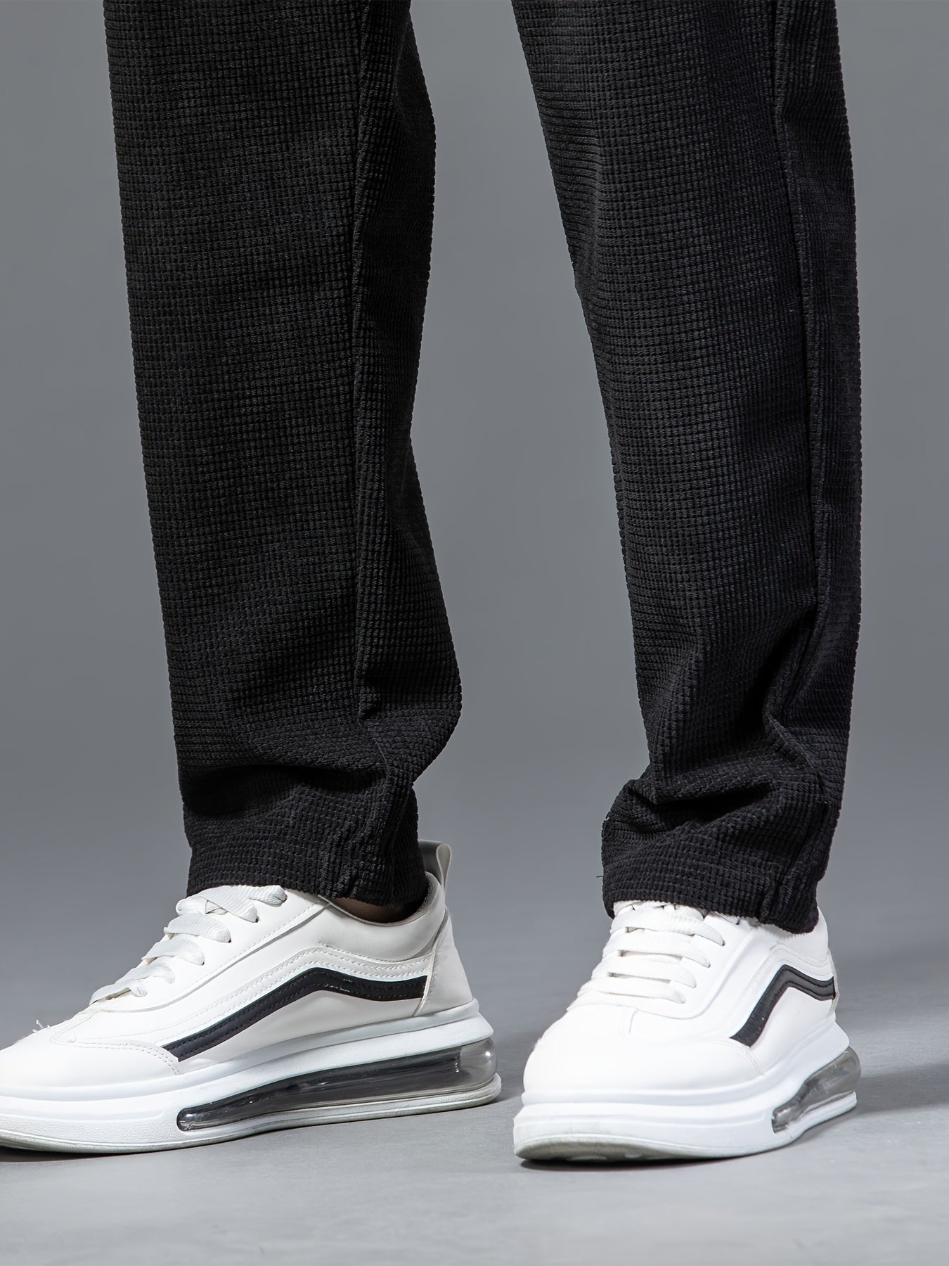 New High-End Black Waffle Men's Trendy Loose Straight-Leg Casual Pants