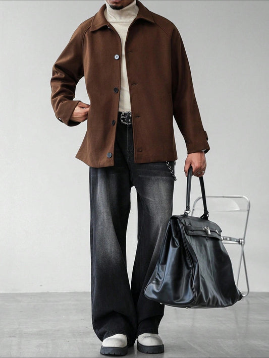 Men's Solid Color Lapel Button Jacket, Classic Button Casual Jacket, Winter Men's Jacket