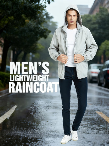 Men's Lightweight Windproof Full-Zip Jacket with Adjustable Hooded Raincoat, Durable Non-Stretch Windbreaker Coat
