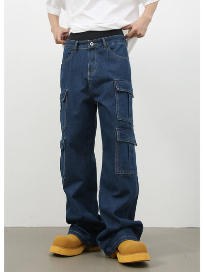 Men's Vintage Washed Denim Jeans - American Retro Multi-Pocket Straight-Leg Work Pants with Beltless Drawstring Waist, Heavy-Duty Cargo Pocket & Washed