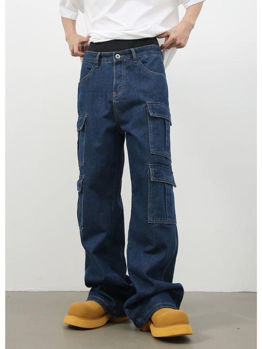 Men's Vintage Washed Denim Jeans - American Retro Multi-Pocket Straight-Leg Work Pants with Beltless Drawstring Waist, Heavy-Duty Cargo Pocket & Washed