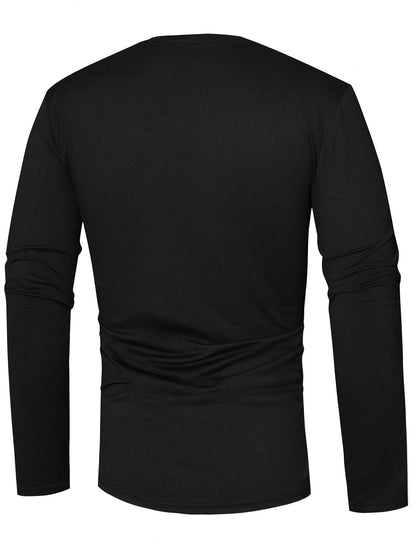 Men'S Black Vintage Henley Top - Solid Long Sleeves, Thermal Undergarment, Loungewear, Sleepwear, Single-Breasted Button Placket, Classic Cut, Soft, Comfy, Breathable Material
