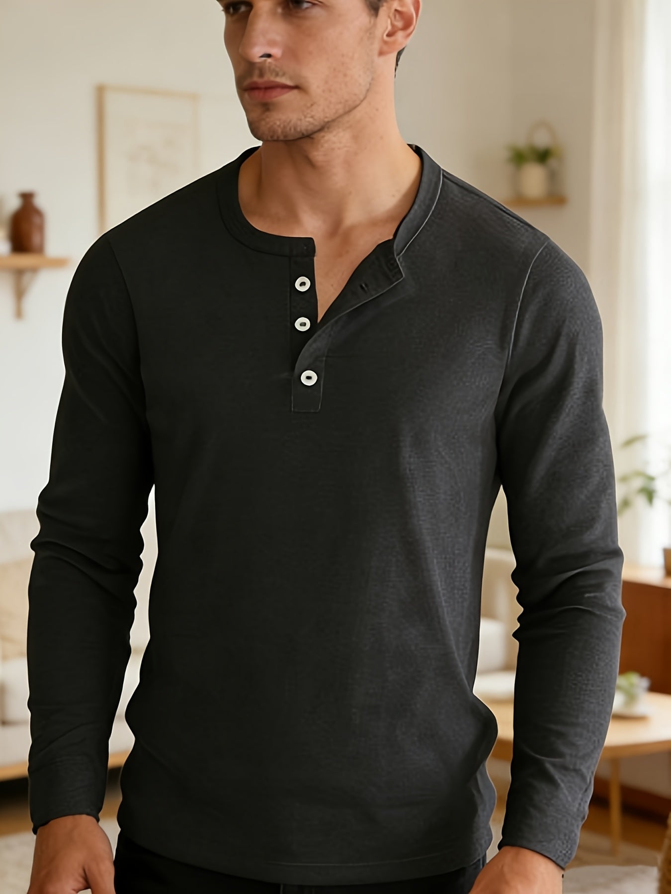 Men'S Black Vintage Henley Top - Solid Long Sleeves, Thermal Undergarment, Loungewear, Sleepwear, Single-Breasted Button Placket, Classic Cut, Soft, Comfy, Breathable Material