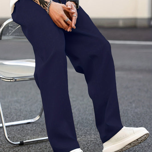 Men's Straight-Leg Casual Pants with Adjustable Drawstring Waist - Solid Color Trousers, Regular Length (Full Length) for Spring\Fall Outdoor Wear, Office & Everyday Use