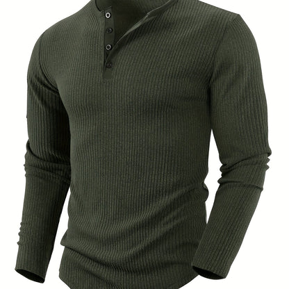 Men'S Solid Color Vertical Striped Stylish Henley Shirt with Four Buttons, Breathable, Comfortable, And Versatile
