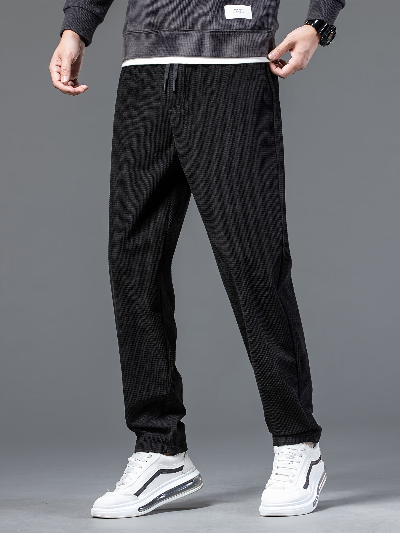 New High-End Black Waffle Men's Trendy Loose Straight-Leg Casual Pants