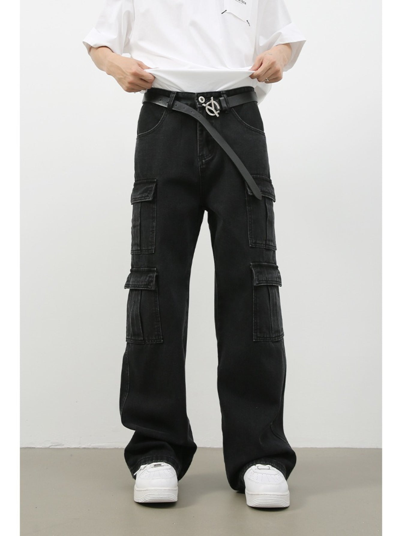 Men's Vintage Washed Denim Jeans - American Retro Multi-Pocket Straight-Leg Work Pants with Beltless Drawstring Waist, Heavy-Duty Cargo Pocket & Washed