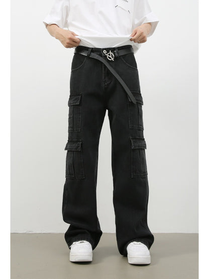 Men's Vintage Washed Denim Jeans - American Retro Multi-Pocket Straight-Leg Work Pants with Beltless Drawstring Waist, Heavy-Duty Cargo Pocket & Washed