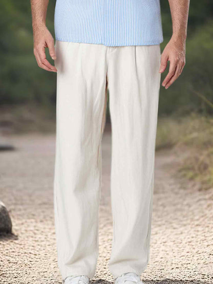 Men's Straight Leg Cotton Blend Casual Pants with Pockets - Solid Beige Color, Comfortable Travel & Streetwear Trousers