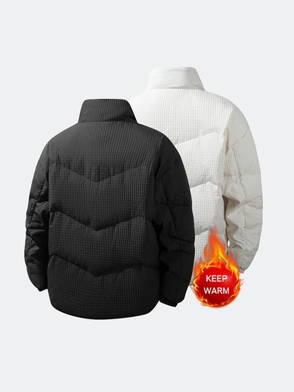 Men's Wool Outer & Duck Down-Filled Winter Jacket - Full-Length Cold-Weather Coat with Stand Collar, Zipper Front, Pockets