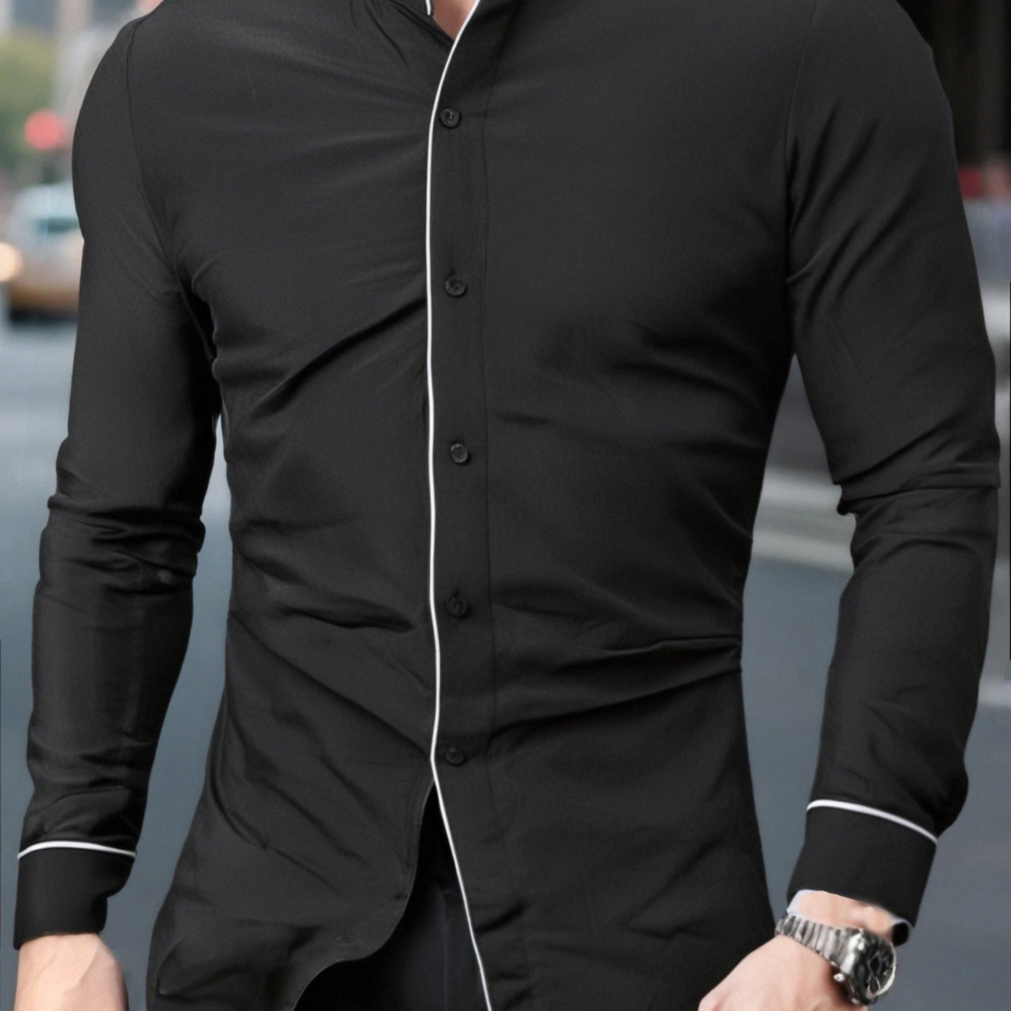 Precise Stand Collar Men'S Dress Shirt | No Wrinkle, Button Up, Fashionable Casual Attire, Comfortable, Regular Fit, Solid Color, Long Sleeve