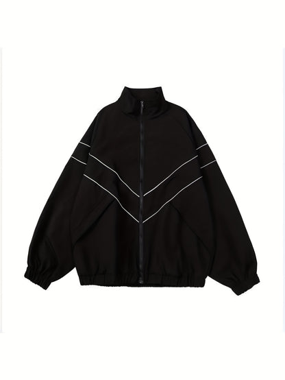 Casual Sports Jacket with Reflective Strips and Stand-up Collar