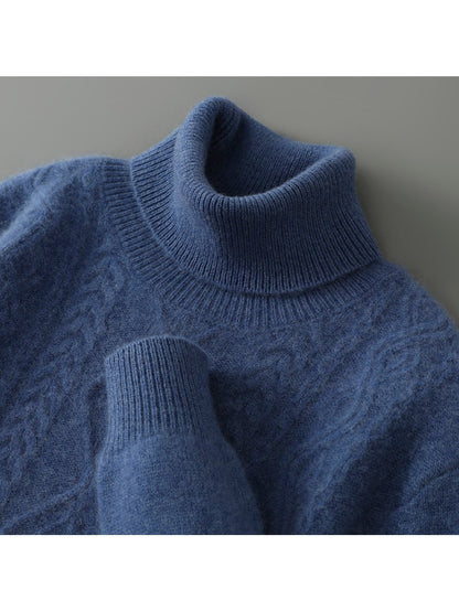 Mens 100% Velvet High Neck Jacquard Sweater | Thickened Vintage Knit Top Thermal Comfort Relaxed