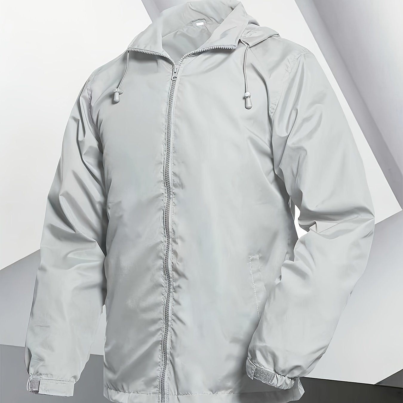 Men's Lightweight Windproof Full-Zip Jacket with Adjustable Hooded Raincoat, Durable Non-Stretch Windbreaker Coat