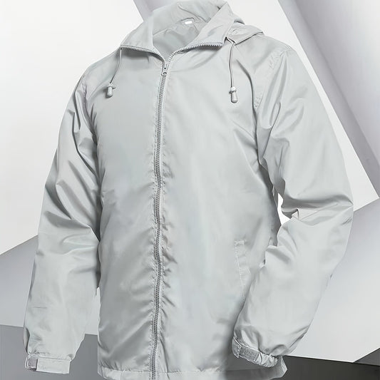 Men's Lightweight Windproof Full-Zip Jacket with Adjustable Hooded Raincoat, Durable Non-Stretch Windbreaker Coat