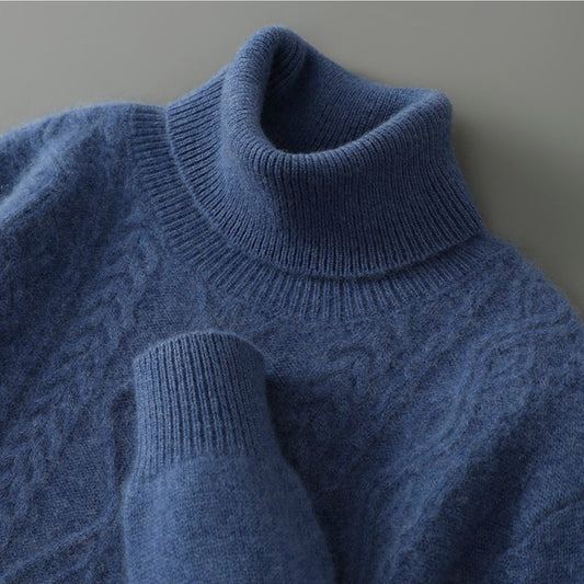 Mens 100% Velvet High Neck Jacquard Sweater | Thickened Vintage Knit Top Thermal Comfort Relaxed