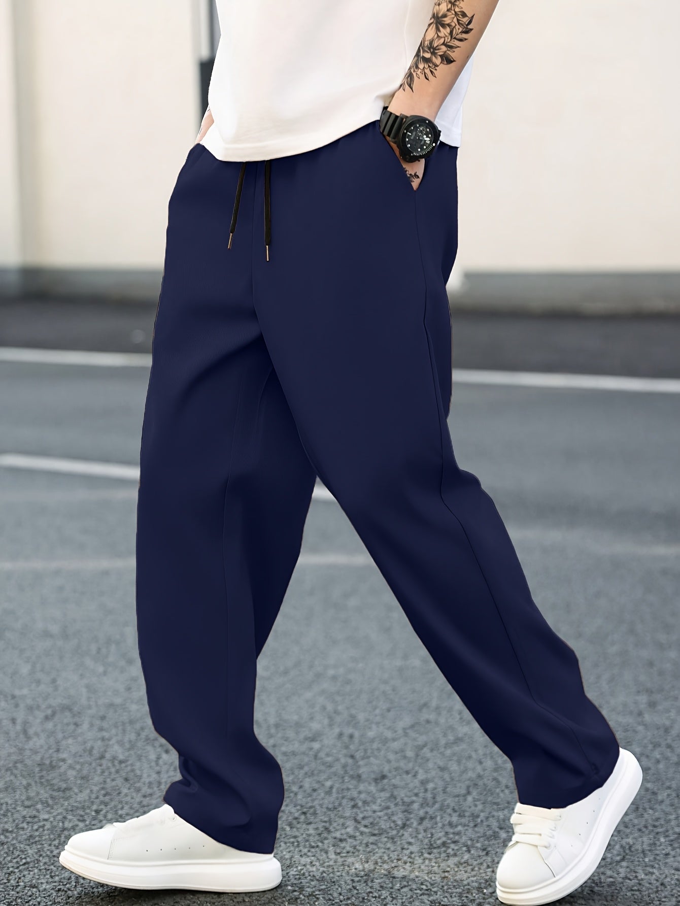 Men's Straight-Leg Casual Pants with Adjustable Drawstring Waist - Solid Color Trousers, Regular Length (Full Length) for Spring\Fall Outdoor Wear, Office & Everyday Use