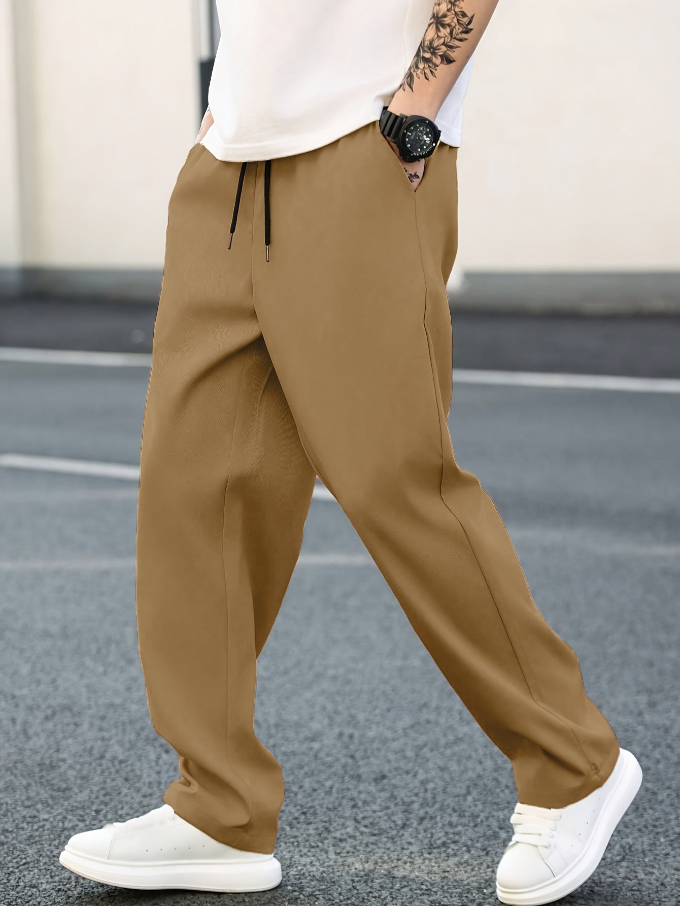 Men's Straight-Leg Casual Pants with Adjustable Drawstring Waist - Solid Color Trousers, Regular Length (Full Length) for Spring\Fall Outdoor Wear, Office & Everyday Use