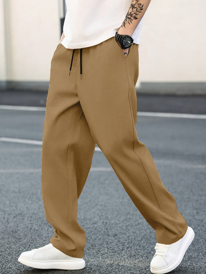 Men's Straight-Leg Casual Pants with Adjustable Drawstring Waist - Solid Color Trousers, Regular Length (Full Length) for Spring\Fall Outdoor Wear, Office & Everyday Use