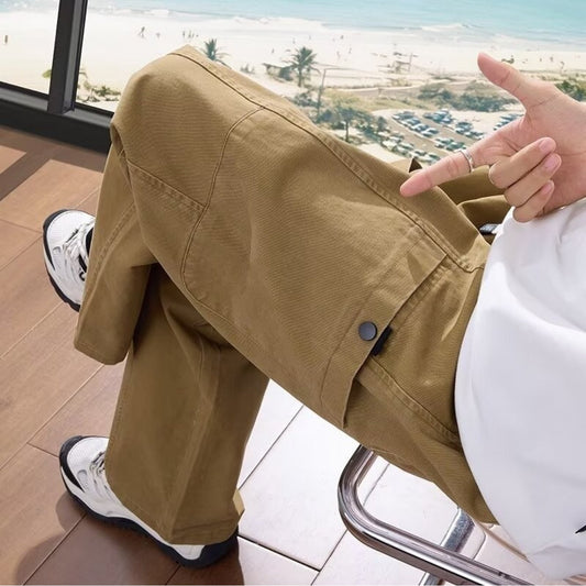 Men's New Style Wide-Look Loose-Fit Straight- Workwear Pants - Belted Mid-Rise Casual Trousers, Solid Color for Spring\Autumn, Machine Washable Loose Daily Wear