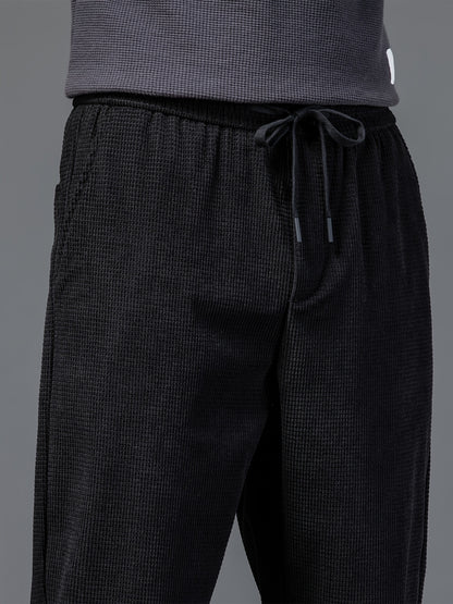 New High-End Black Waffle Men's Trendy Loose Straight-Leg Casual Pants