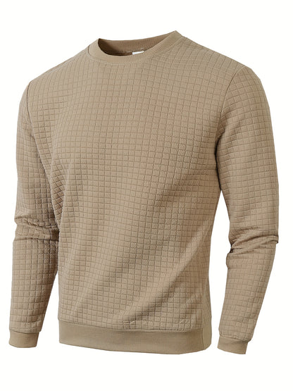 Men's Casual Sporty Grid Pattern Sweater - Soft Round Neck Long Sleeve Pullover, Regular Fit for Autumn Winter, Hand Washable