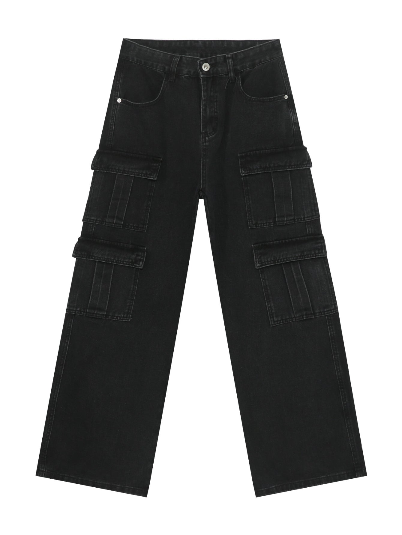 Men's Vintage Washed Denim Jeans - American Retro Multi-Pocket Straight-Leg Work Pants with Beltless Drawstring Waist, Heavy-Duty Cargo Pocket & Washed