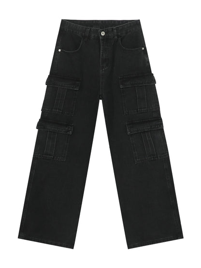 Men's Vintage Washed Denim Jeans - American Retro Multi-Pocket Straight-Leg Work Pants with Beltless Drawstring Waist, Heavy-Duty Cargo Pocket & Washed