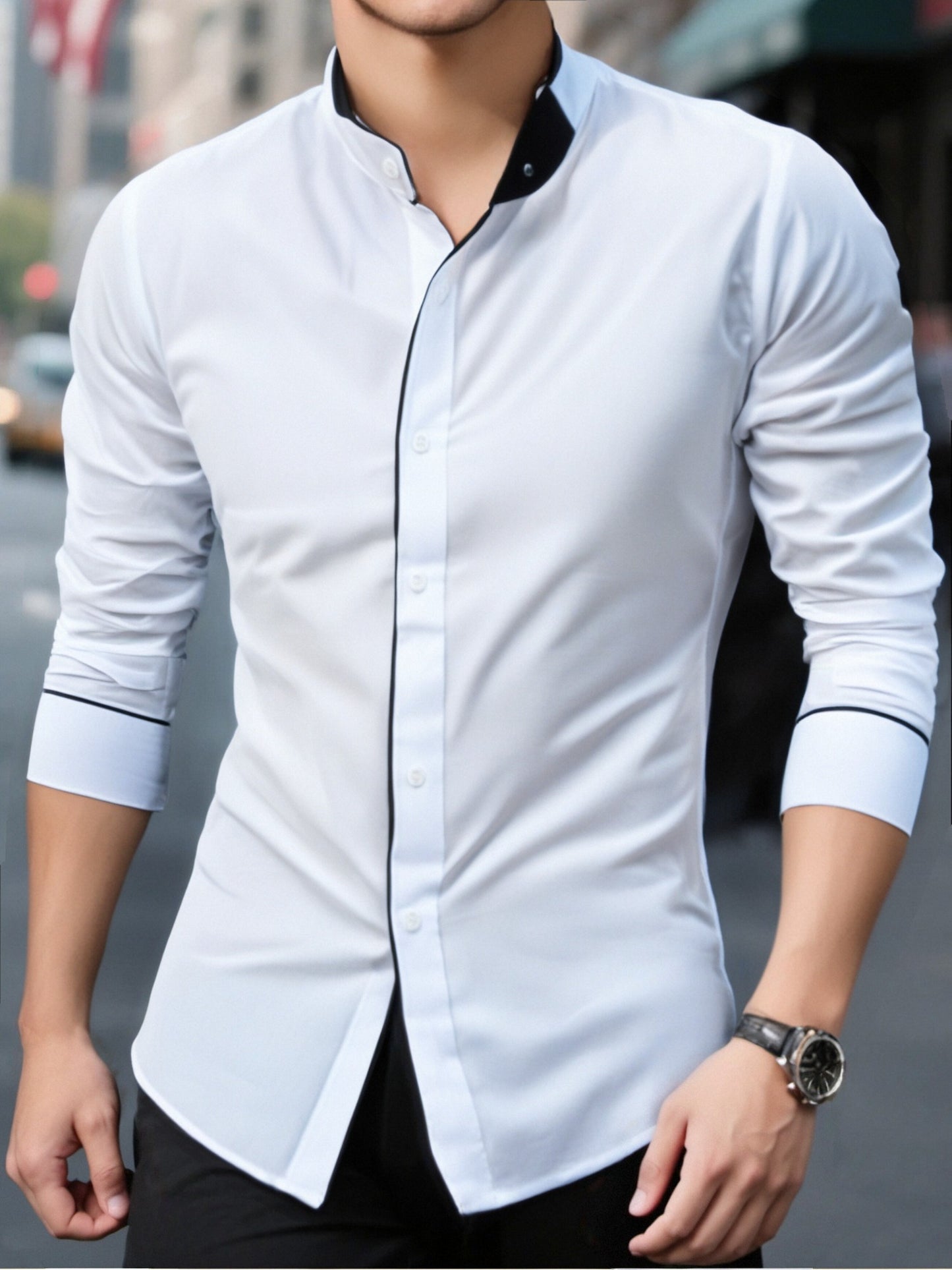 Precise Stand Collar Men'S Dress Shirt | No Wrinkle, Button Up, Fashionable Casual Attire, Comfortable, Regular Fit, Solid Color, Long Sleeve