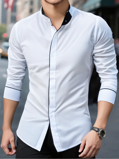 Precise Stand Collar Men'S Dress Shirt | No Wrinkle, Button Up, Fashionable Casual Attire, Comfortable, Regular Fit, Solid Color, Long Sleeve