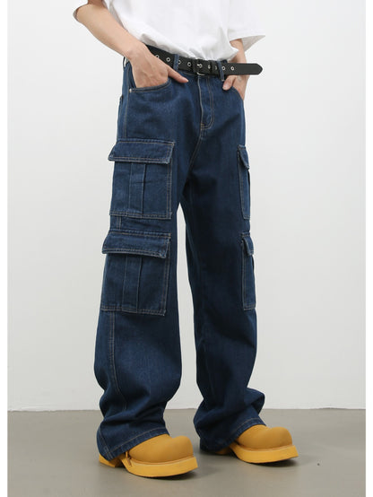 Men's Vintage Washed Denim Jeans - American Retro Multi-Pocket Straight-Leg Work Pants with Beltless Drawstring Waist, Heavy-Duty Cargo Pocket & Washed