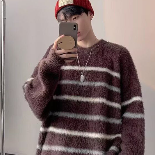 European and American Striped Mink Soft Ted Sweater for Men, Fluffy, Lazy, High-end, Suitable for Spring, Autumn and Winter, Fashionable Sweater