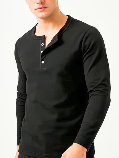 Men'S Black Vintage Henley Top - Solid Long Sleeves, Thermal Undergarment, Loungewear, Sleepwear, Single-Breasted Button Placket, Classic Cut, Soft, Comfy, Breathable Material