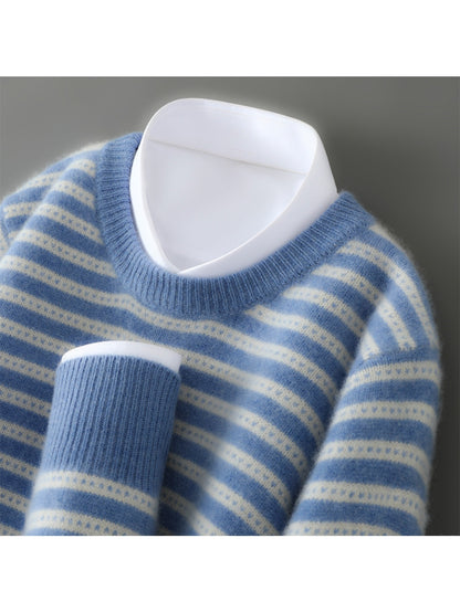 Winter Men'S Round Neck Color-Blocked Thick Knitted Sweater, Loose And Stylish, 100% Knitted Base Layer.