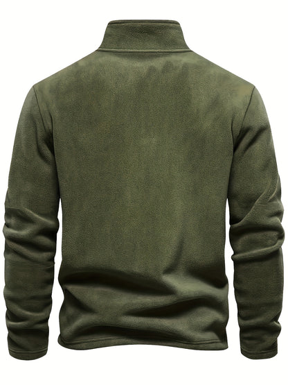 Warm Long Sleeve Men's Embroidered Fleece Pullover - Stylish Half-Zip Stand Collar Sweatshirt for Fall\Winter