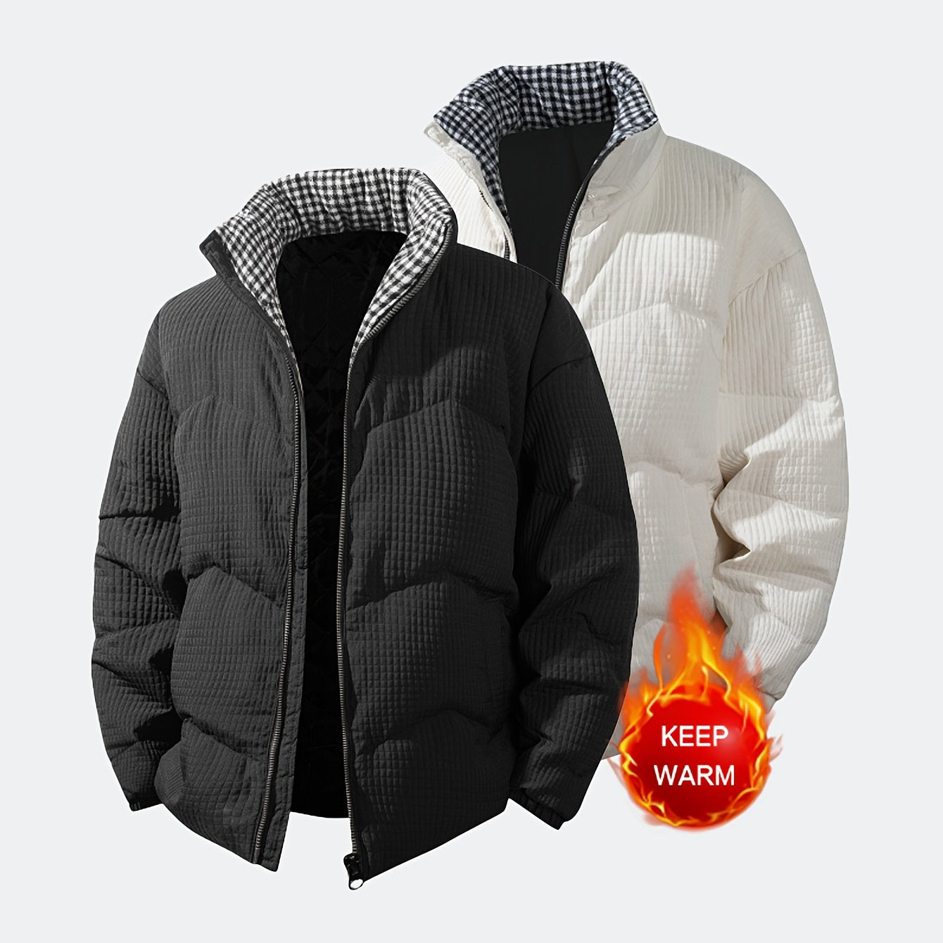 Men's Wool Outer & Duck Down-Filled Winter Jacket - Full-Length Cold-Weather Coat with Stand Collar, Zipper Front, Pockets