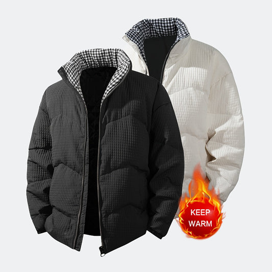 Men's Wool Outer & Duck Down-Filled Winter Jacket - Full-Length Cold-Weather Coat with Stand Collar, Zipper Front, Pockets