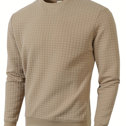 Men's Casual Sporty Grid Pattern Sweater - Soft Round Neck Long Sleeve Pullover, Regular Fit for Autumn Winter, Hand Washable