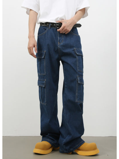 Men's Vintage Washed Denim Jeans - American Retro Multi-Pocket Straight-Leg Work Pants with Beltless Drawstring Waist, Heavy-Duty Cargo Pocket & Washed