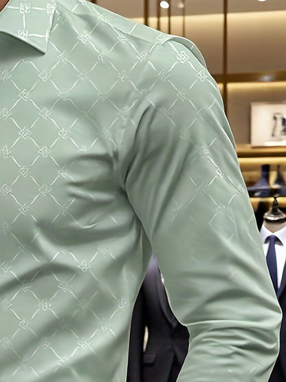 Long Sleeve Solid Color Business Formal Dress Shirt, Green Menswear Designer Luxury