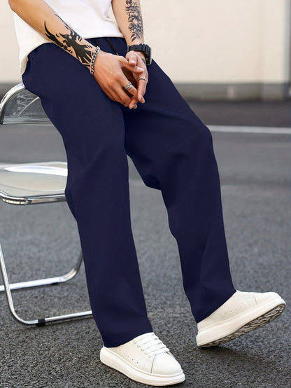 Men's Straight-Leg Casual Pants with Adjustable Drawstring Waist - Solid Color Trousers, Regular Length (Full Length) for Spring\Fall Outdoor Wear, Office & Everyday Use