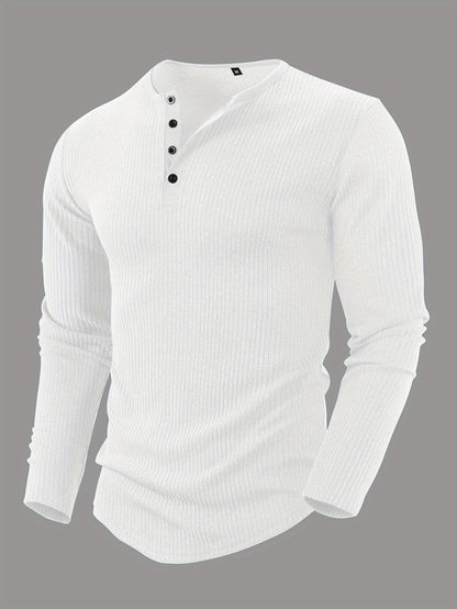 Men'S Solid Color Vertical Striped Stylish Henley Shirt with Four Buttons, Breathable, Comfortable, And Versatile