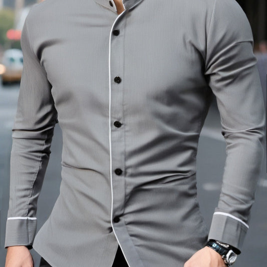 Precise Stand Collar Men'S Dress Shirt | No Wrinkle, Button Up, Fashionable Casual Attire, Comfortable, Regular Fit, Solid Color, Long Sleeve