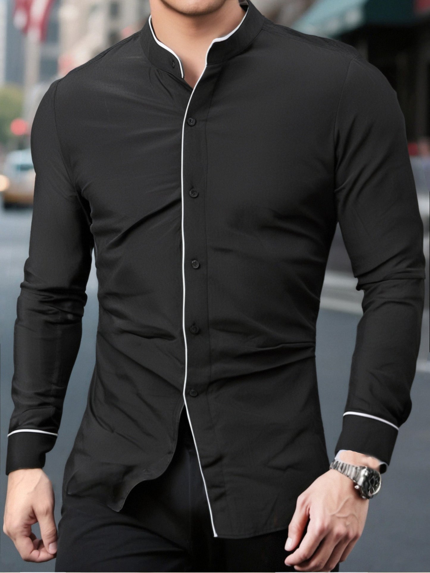 Precise Stand Collar Men'S Dress Shirt | No Wrinkle, Button Up, Fashionable Casual Attire, Comfortable, Regular Fit, Solid Color, Long Sleeve