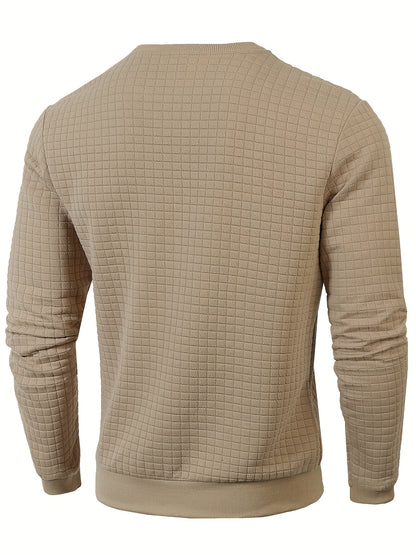 Men's Casual Sporty Grid Pattern Sweater - Soft Round Neck Long Sleeve Pullover, Regular Fit for Autumn Winter, Hand Washable