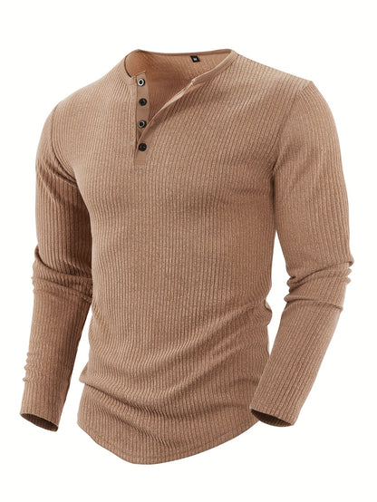 Men'S Solid Color Vertical Striped Stylish Henley Shirt with Four Buttons, Breathable, Comfortable, And Versatile